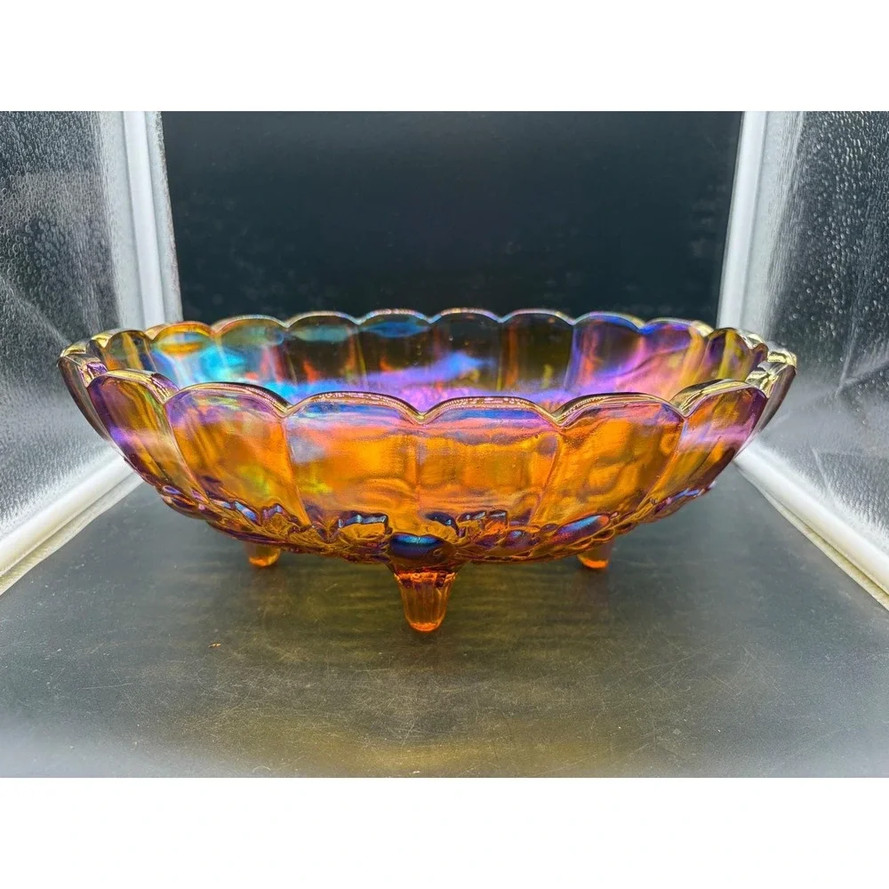 Indiana Glass Harvest Grape Marigold Carnival Glass Footed Oval Bowl Centerpiece